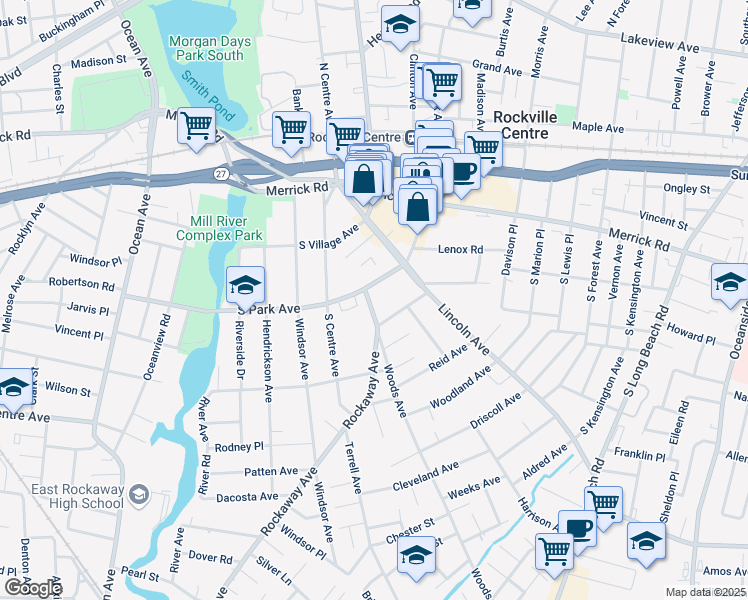 map of restaurants, bars, coffee shops, grocery stores, and more near 32 Rockaway Avenue in Rockville Centre