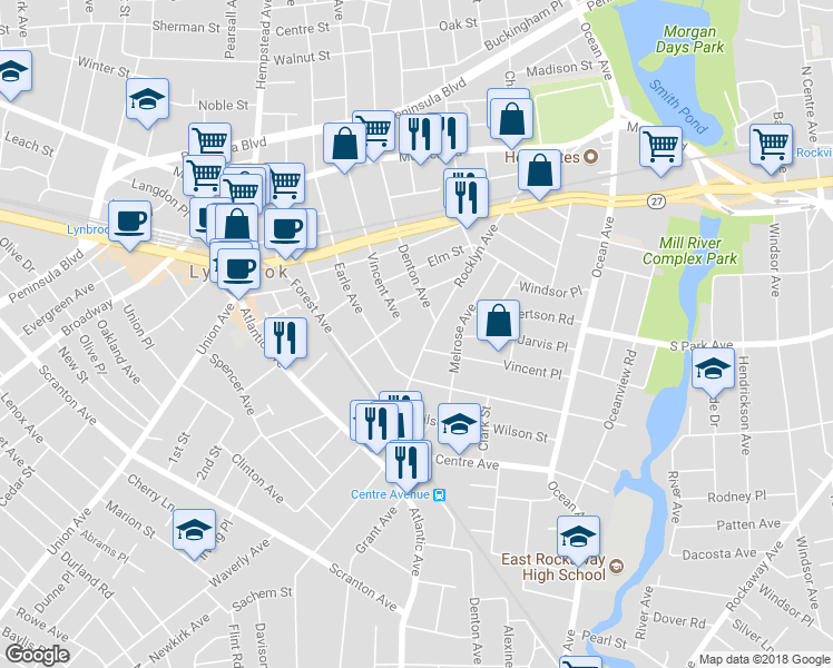 map of restaurants, bars, coffee shops, grocery stores, and more near 213 Rocklyn Avenue in Lynbrook