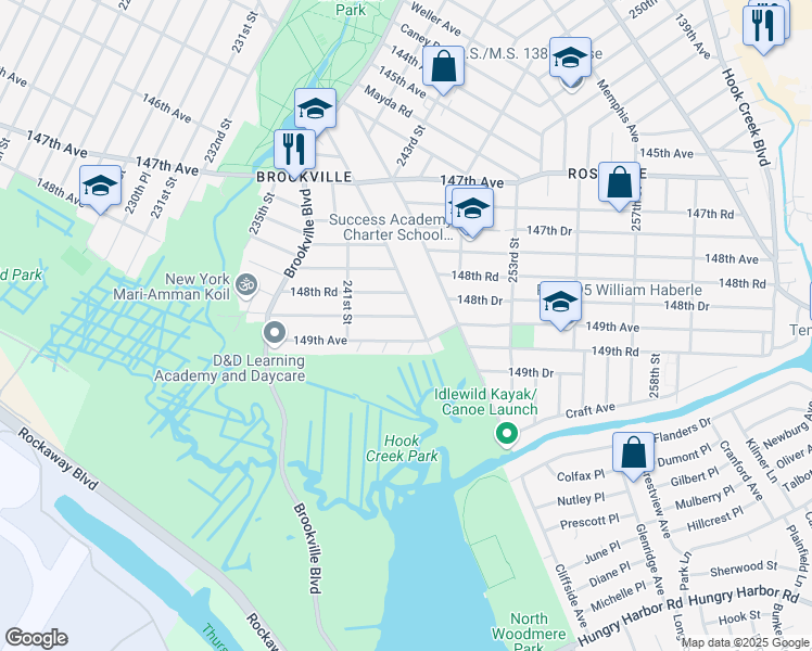 map of restaurants, bars, coffee shops, grocery stores, and more near 241-46 148th Drive in Queens