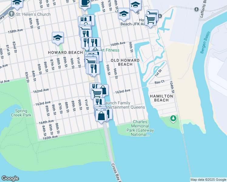 map of restaurants, bars, coffee shops, grocery stores, and more near 162-49 95th Street in Queens