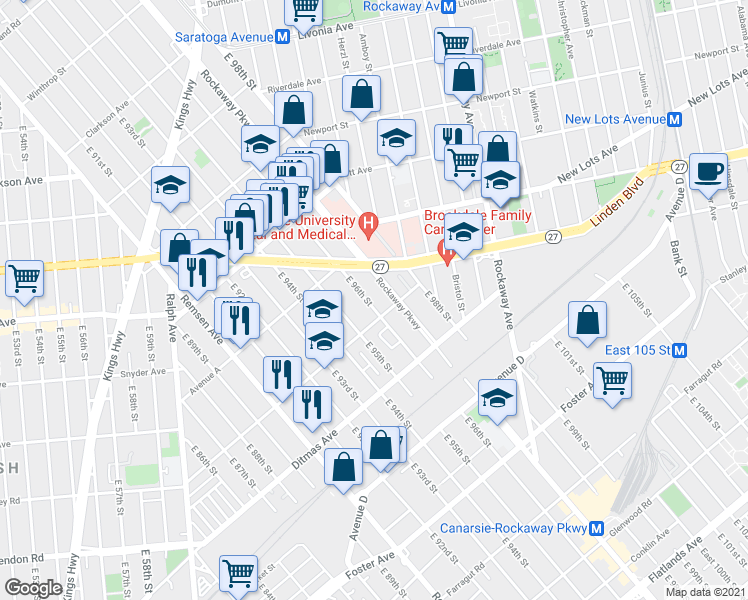 map of restaurants, bars, coffee shops, grocery stores, and more near 649 East 96th Street in Brooklyn
