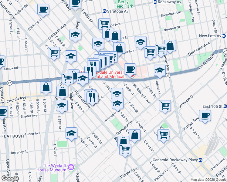 map of restaurants, bars, coffee shops, grocery stores, and more near 9319 Avenue A in Brooklyn