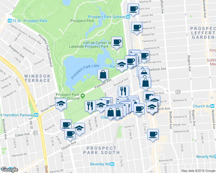 map of restaurants, bars, coffee shops, grocery stores, and more near 25 Woodruff Avenue in Brooklyn