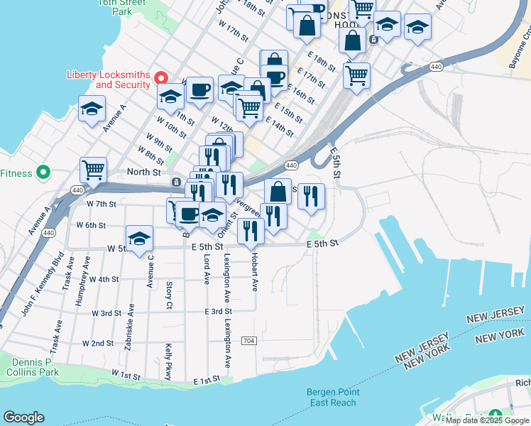 map of restaurants, bars, coffee shops, grocery stores, and more near 59 Evergreen Street in Bayonne