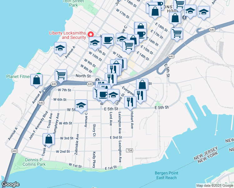 map of restaurants, bars, coffee shops, grocery stores, and more near 193 Orient Street in Bayonne