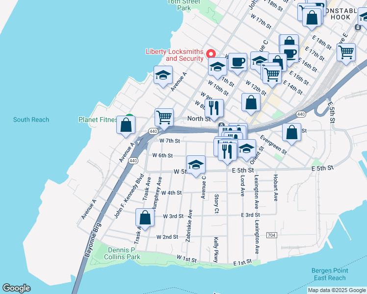 map of restaurants, bars, coffee shops, grocery stores, and more near 166 Newman Avenue in Bayonne