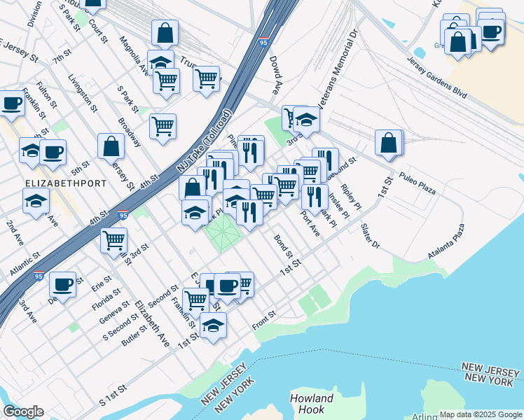 map of restaurants, bars, coffee shops, grocery stores, and more near 214 Bond Street in Elizabeth