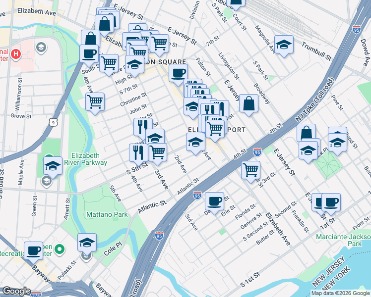 map of restaurants, bars, coffee shops, grocery stores, and more near 27 South 5th Street in Elizabeth