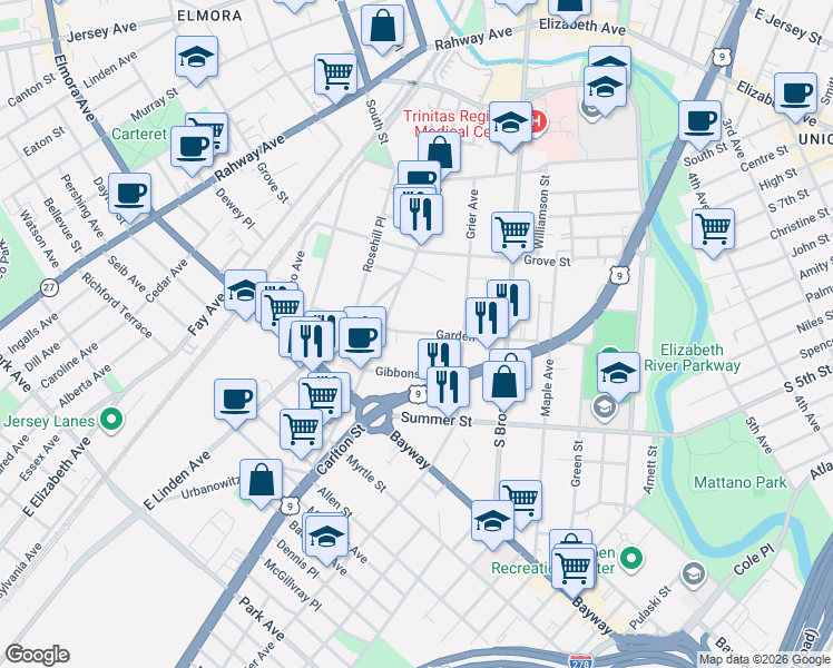 map of restaurants, bars, coffee shops, grocery stores, and more near 848 Garden Street in Elizabeth