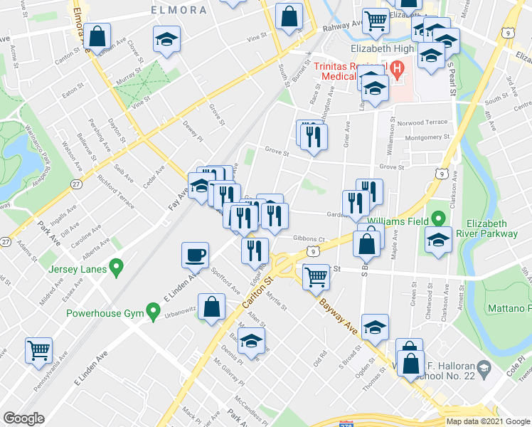 map of restaurants, bars, coffee shops, grocery stores, and more near 508 Lidgerwood Avenue in Elizabeth