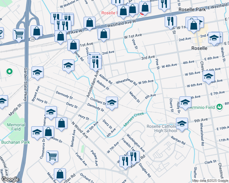 map of restaurants, bars, coffee shops, grocery stores, and more near 462 Robins Street in Roselle