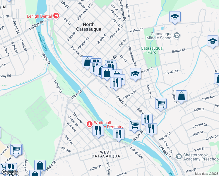 map of restaurants, bars, coffee shops, grocery stores, and more near in Catasauqua