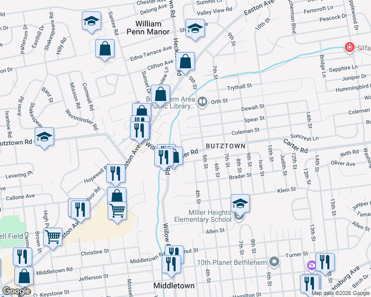 map of restaurants, bars, coffee shops, grocery stores, and more near 3405 Carter Rd in Bethlehem