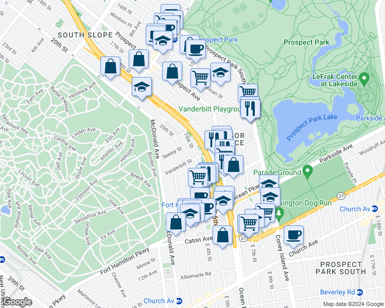 map of restaurants, bars, coffee shops, grocery stores, and more near 648 19th Street in Brooklyn