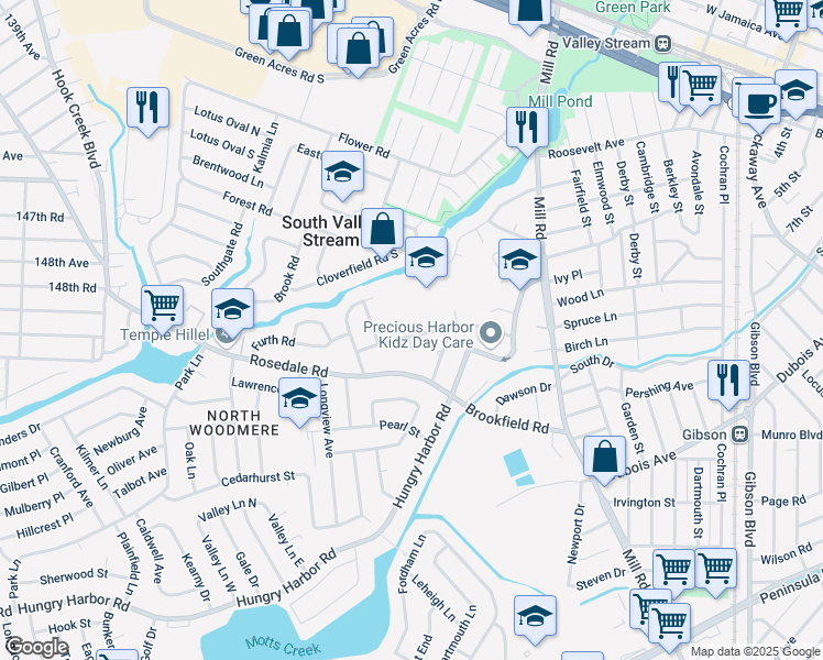map of restaurants, bars, coffee shops, grocery stores, and more near 107 Saddle Rock Road in Valley Stream
