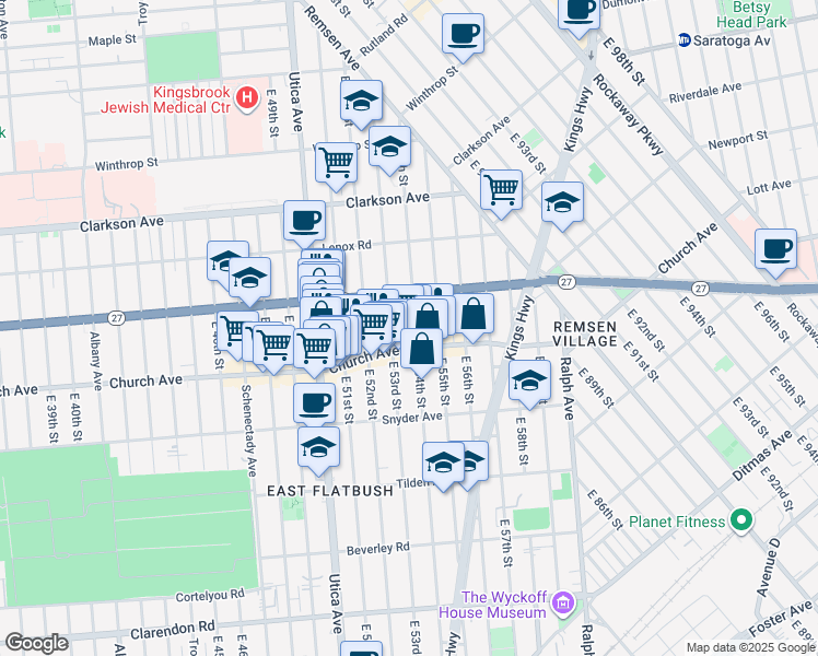map of restaurants, bars, coffee shops, grocery stores, and more near 240 East 54th Street in Brooklyn