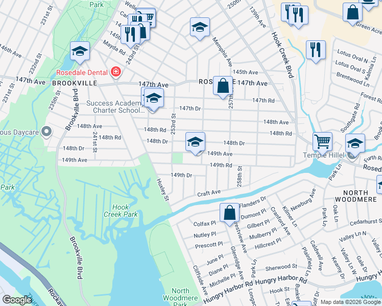 map of restaurants, bars, coffee shops, grocery stores, and more near 253-41 149th Avenue in Queens