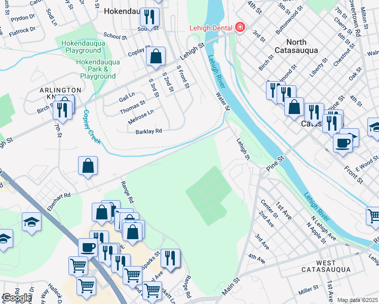 map of restaurants, bars, coffee shops, grocery stores, and more near 2380 Eberhart Road in Lehigh County