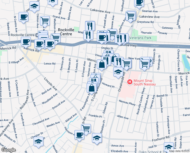 map of restaurants, bars, coffee shops, grocery stores, and more near 53 South Kensington Avenue in Rockville Centre