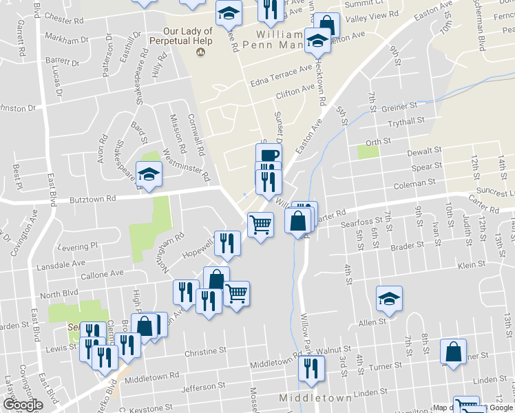map of restaurants, bars, coffee shops, grocery stores, and more near 3233 Easton Avenue in Bethlehem