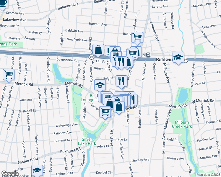 map of restaurants, bars, coffee shops, grocery stores, and more near 701 Prospect Street in Baldwin