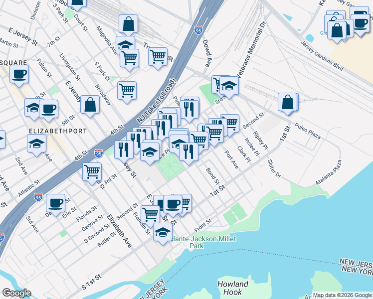 map of restaurants, bars, coffee shops, grocery stores, and more near 236 Magnolia Avenue in Elizabeth