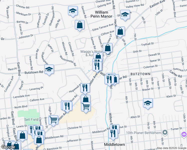 map of restaurants, bars, coffee shops, grocery stores, and more near 3233 Easton Avenue in Bethlehem
