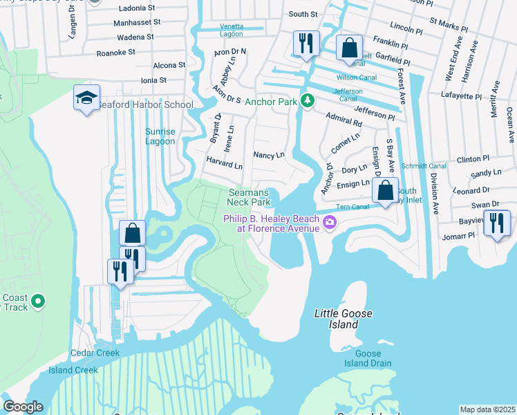 map of restaurants, bars, coffee shops, grocery stores, and more near 40 Crescent Cove Circle in Seaford