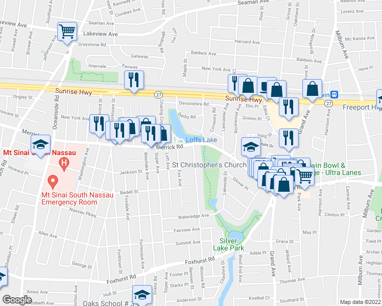 map of restaurants, bars, coffee shops, grocery stores, and more near 2372 Parkview Place in Baldwin