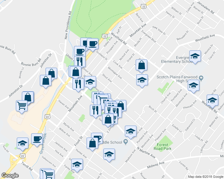 map of restaurants, bars, coffee shops, grocery stores, and more near 361 Union Avenue in Scotch Plains