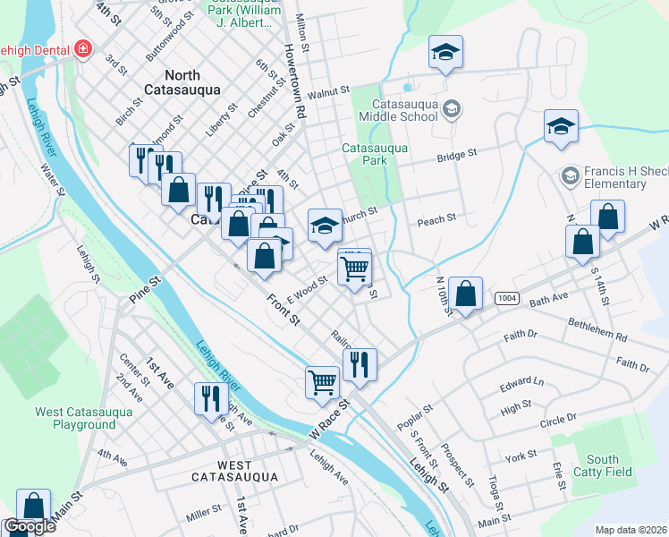 map of restaurants, bars, coffee shops, grocery stores, and more near 238 East Wood Street in Catasauqua
