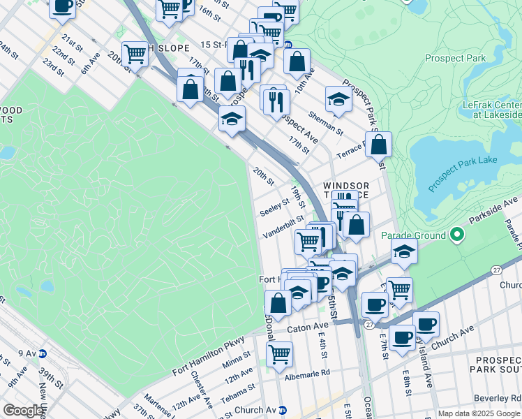map of restaurants, bars, coffee shops, grocery stores, and more near 13 Seeley Street in Brooklyn