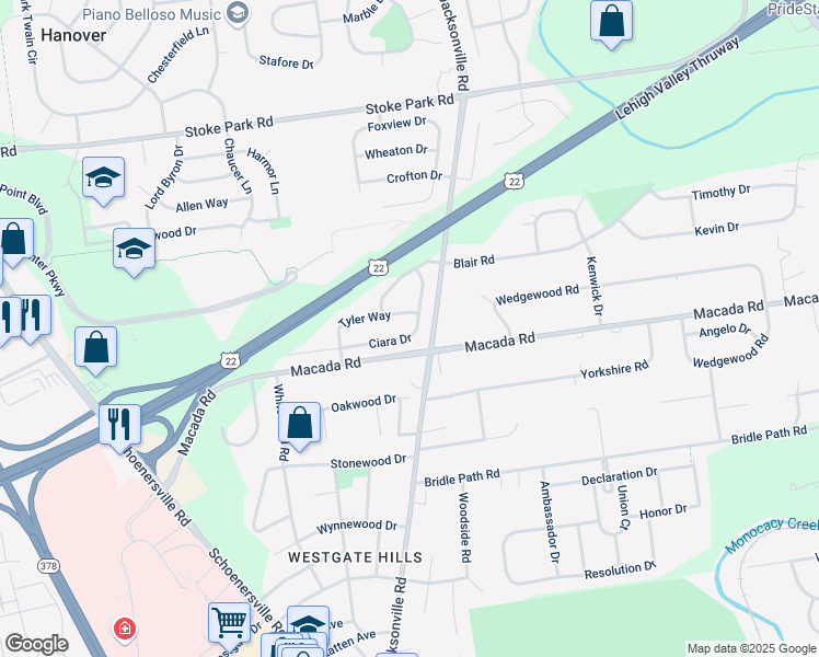 map of restaurants, bars, coffee shops, grocery stores, and more near 1350 Ciara Dr in Bethlehem