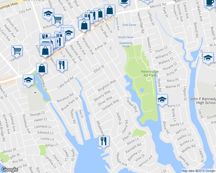 map of restaurants, bars, coffee shops, grocery stores, and more near 120 Brighton Way in Merrick