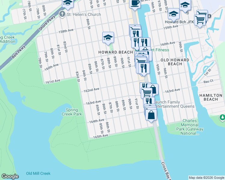map of restaurants, bars, coffee shops, grocery stores, and more near 162-12 88th Street in Queens