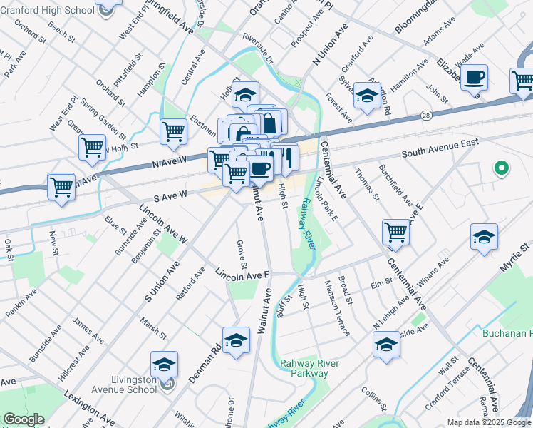 map of restaurants, bars, coffee shops, grocery stores, and more near 207 Walnut Avenue in Cranford