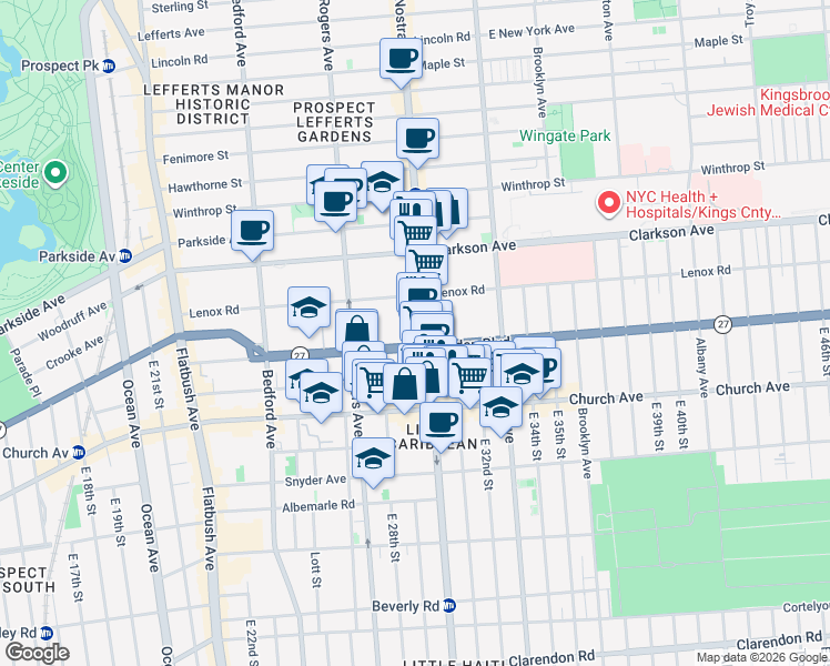 map of restaurants, bars, coffee shops, grocery stores, and more near 233 Linden Boulevard in Brooklyn