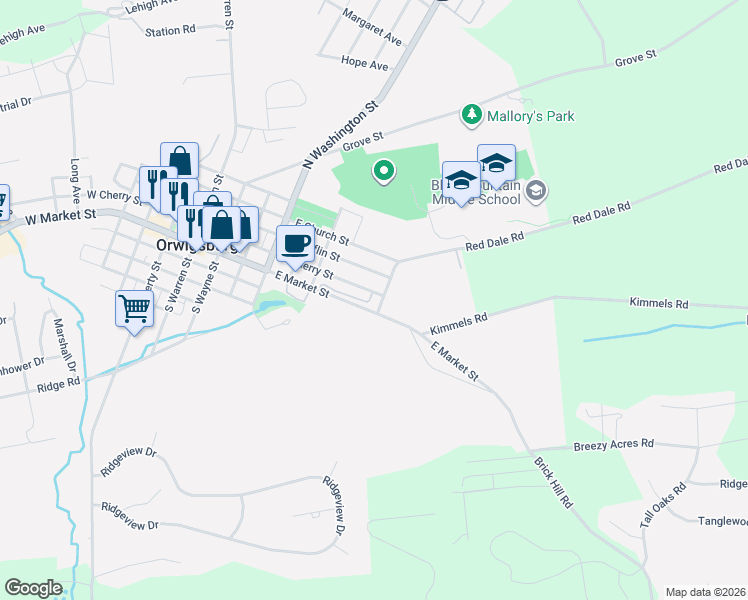 map of restaurants, bars, coffee shops, grocery stores, and more near 316 Lantern Green Way in Orwigsburg