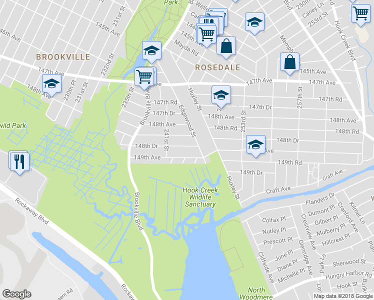 map of restaurants, bars, coffee shops, grocery stores, and more near 241-46 148th Drive in Queens