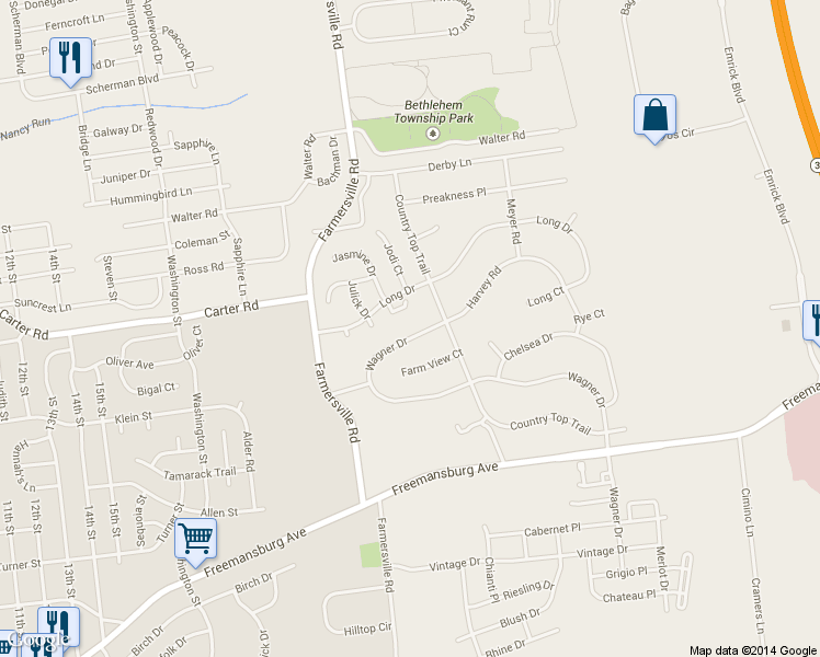 map of restaurants, bars, coffee shops, grocery stores, and more near 4451 Wagner Drive in Bethlehem