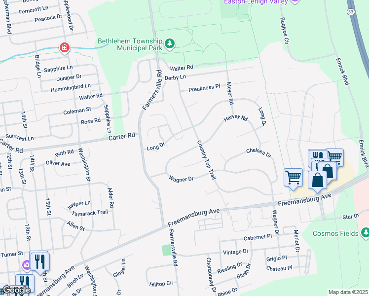 map of restaurants, bars, coffee shops, grocery stores, and more near 4451 Wagner Drive in Bethlehem