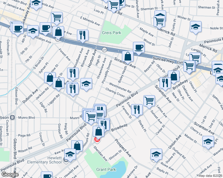 map of restaurants, bars, coffee shops, grocery stores, and more near 101 Charing Cross in Lynbrook