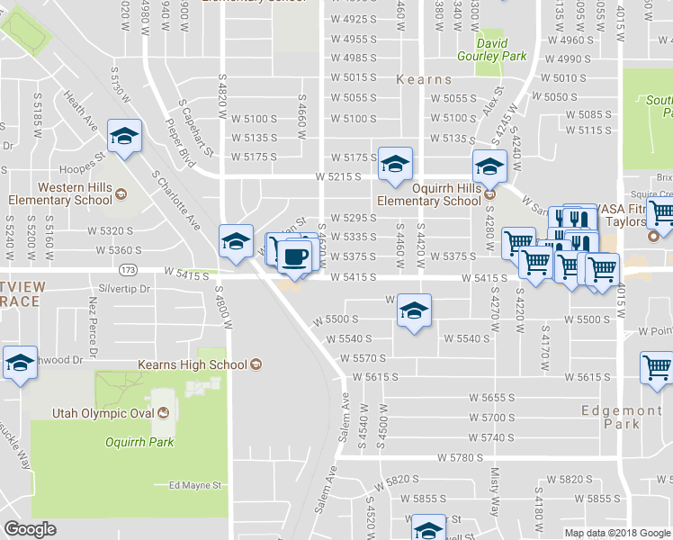 map of restaurants, bars, coffee shops, grocery stores, and more near 4594 West 5415 South in Kearns