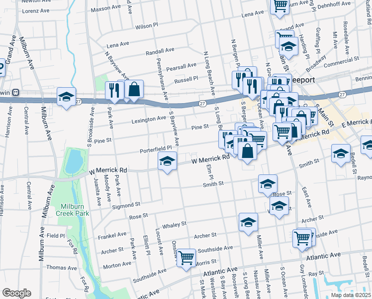 map of restaurants, bars, coffee shops, grocery stores, and more near 69 Porterfield Place in Freeport