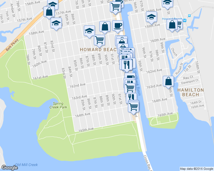 map of restaurants, bars, coffee shops, grocery stores, and more near 162-19 89th Street in Queens
