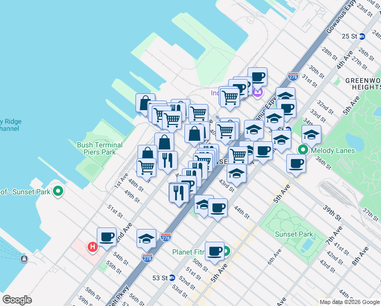 map of restaurants, bars, coffee shops, grocery stores, and more near 4312 2nd Avenue in Brooklyn