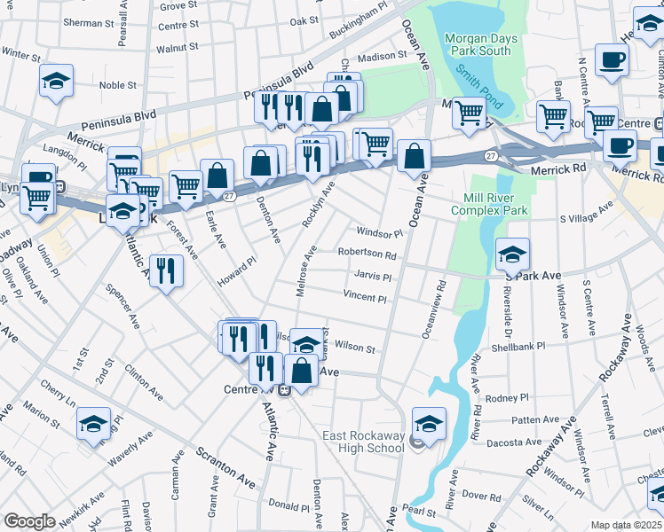 map of restaurants, bars, coffee shops, grocery stores, and more near 31 Jarvis Place in Lynbrook