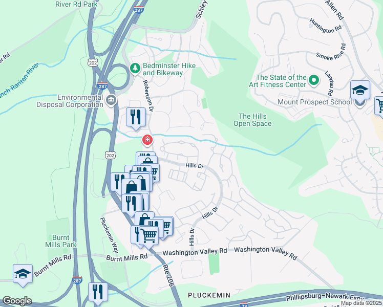 map of restaurants, bars, coffee shops, grocery stores, and more near 74 Stone Run Road in Bedminster