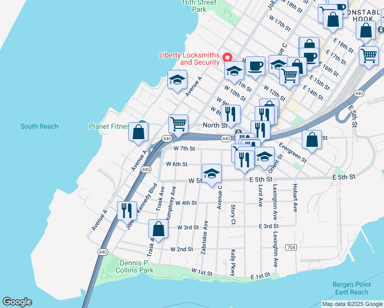 map of restaurants, bars, coffee shops, grocery stores, and more near 110 West 7th Street in Bayonne