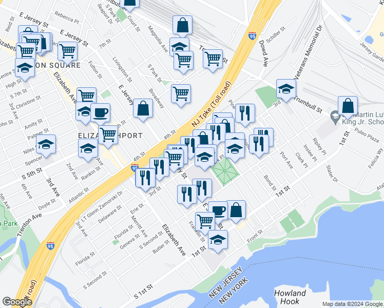 map of restaurants, bars, coffee shops, grocery stores, and more near 312 Broadway in Elizabeth